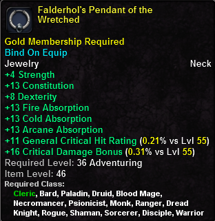 In-game tooltip for Falderhol's Pendant of the Wretched