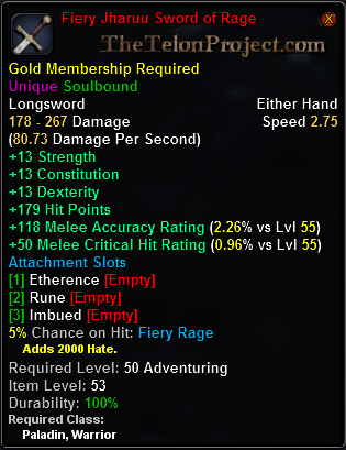 In-game tooltip for Fiery Jharuu Sword of Rage
