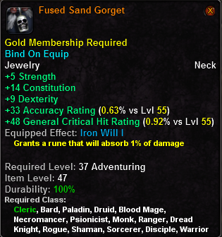 In-game tooltip for Fused Sand Gorget