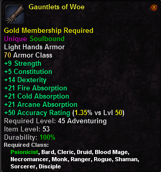 In-game tooltip for Gauntlets of Woe