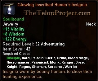 In-game tooltip for Glowing Inscribed Hunter's Insignia