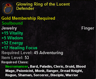 In-game tooltip for Glowing Ring of the Lucent Defender