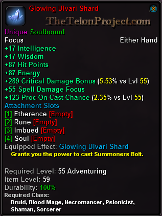 In-game tooltip for Glowing Ulvari Shard