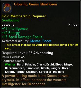 In-game tooltip for Glowing Xennu Mind Gem
