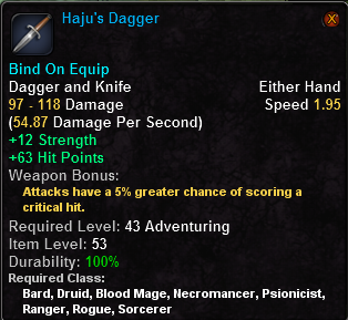 In-game tooltip for Haju's Dagger