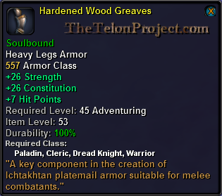 In-game tooltip for Hardened Wood Greaves