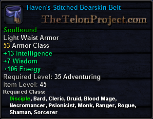 In-game tooltip for Haven's Stitched  Bearskin Belt
