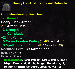 In-game tooltip for Heavy Cloak of the Lucent Defender