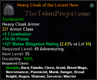 In-game tooltip for Heavy Cloak of the Lucent Hero