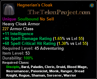 In-game tooltip for Hegnerian's Cloak