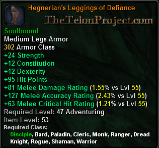 In-game tooltip for Hegnerian's Leggings of Defiance