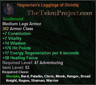 In-game tooltip for Hegnerian's Leggings of Divinity