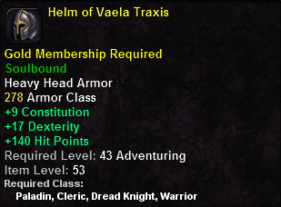 In-game tooltip for Helm of Vaela Traxis