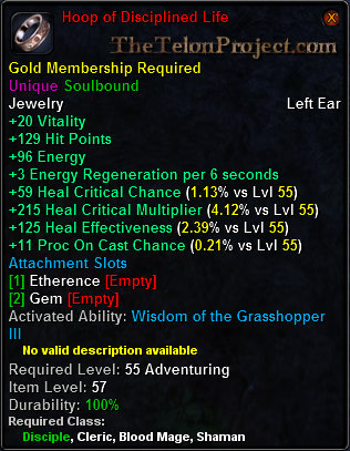 In-game tooltip for Hoop of Disciplined Life