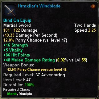 In-game tooltip for Hrraxilar's Windblade
