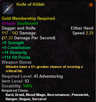 In-game tooltip for Knife of Kilikki