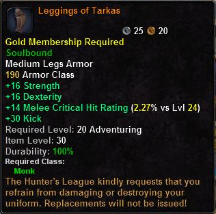 In-game tooltip for Leggings of Tarkas