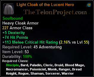 In-game tooltip for Light Cloak of the Lucent Hero