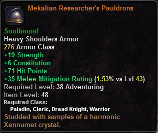 In-game tooltip for Mekalian Researcher's Pauldrons