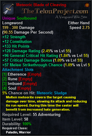 In-game tooltip for Meteoric Blade of Cleaving