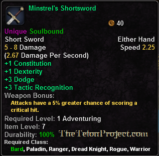 In-game tooltip for Minstrel's Shortsword