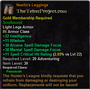 In-game tooltip for Neelin's Leggings