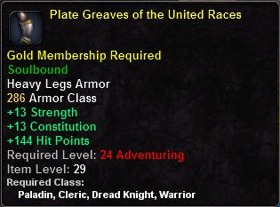 In-game tooltip for Plate Greaves of the United Races