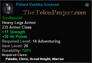 In-game tooltip for Plated Veshka Greaves