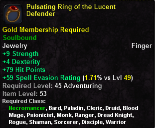 In-game tooltip for Pulsating Ring of the Lucent Defender