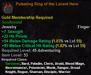 In-game tooltip for Pulsating Ring of the Lucent Hero