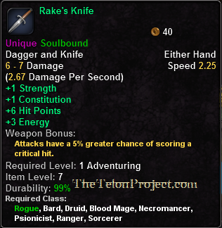 In-game tooltip for Rake's Knife