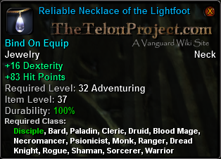 In-game tooltip for Reliable Necklace of the Lightfoot