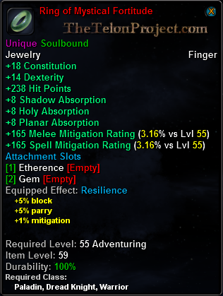 In-game tooltip for Ring of Mystical Fortitude