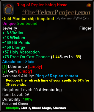 In-game tooltip for Ring of Replenishing Haste
