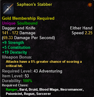 In-game tooltip for Saphson's Stabber