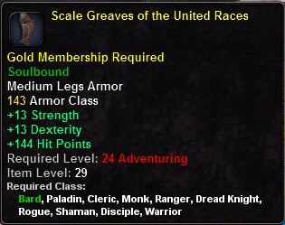 In-game tooltip for Scale Greaves of the United Races