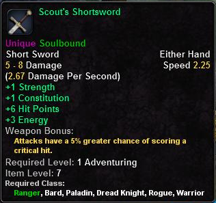 In-game tooltip for Scout's Shortsword