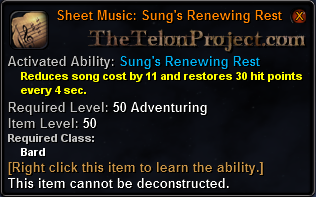 In-game tooltip for Sheet Music: Sung's Renewing Rest