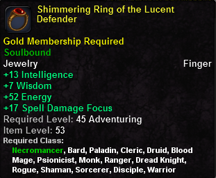 In-game tooltip for Shimmering Ring of the Lucent Defender