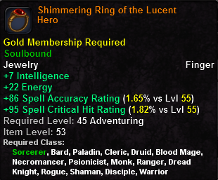 In-game tooltip for Shimmering Ring of the Lucent Hero