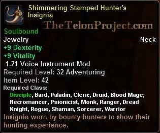 In-game tooltip for Shimmering Stamped Hunter's Insignia