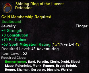 In-game tooltip for Shining Ring of the Lucent Defender