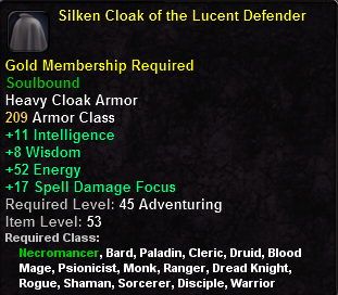In-game tooltip for Silken Cloak of the Lucent Defender