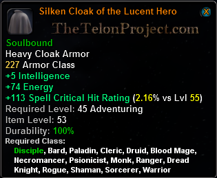 In-game tooltip for Silken Cloak of the Lucent Hero
