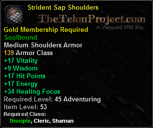 In-game tooltip for Strident Sap Shoulders