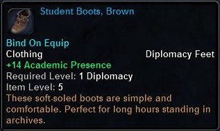 In-game tooltip for Student Boots, Brown