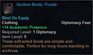 In-game tooltip for Student Boots, Purple
