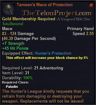 In-game tooltip for Tanwen's Mace of Protection