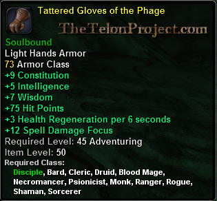In-game tooltip for Tattered Gloves of the Phage