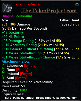 In-game tooltip for Torkald's Regret